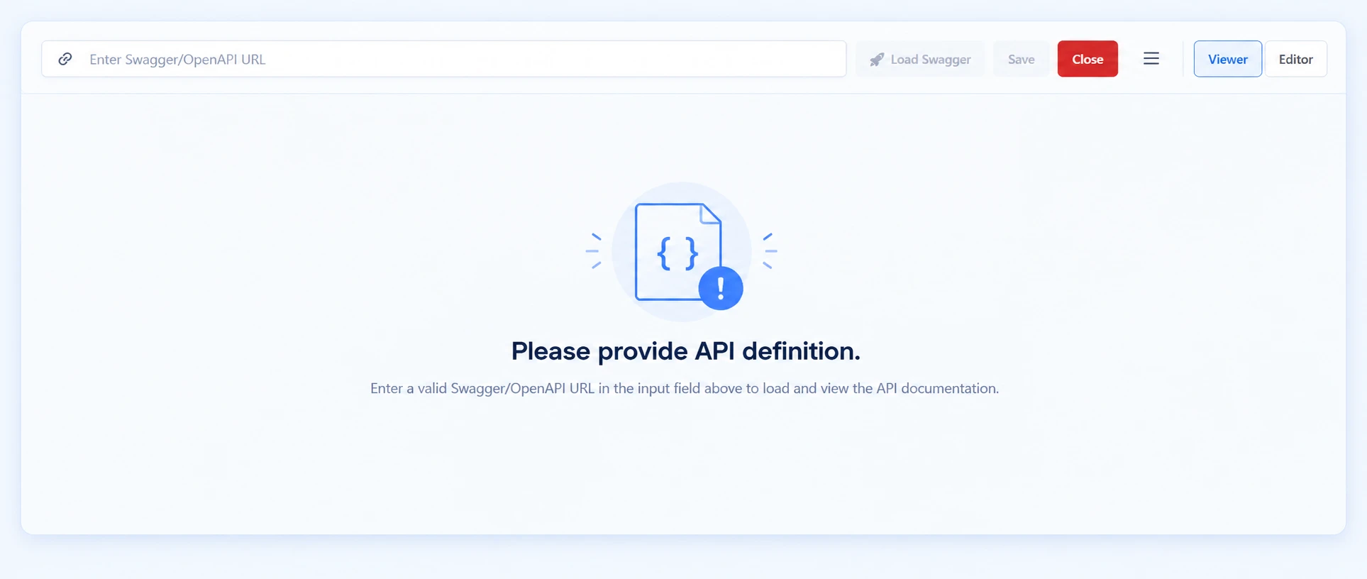 A Swagger/OpenAPI viewer waiting for an API definition to be loaded A Swagger/OpenAPI viewer waiting for an API definition to be loaded