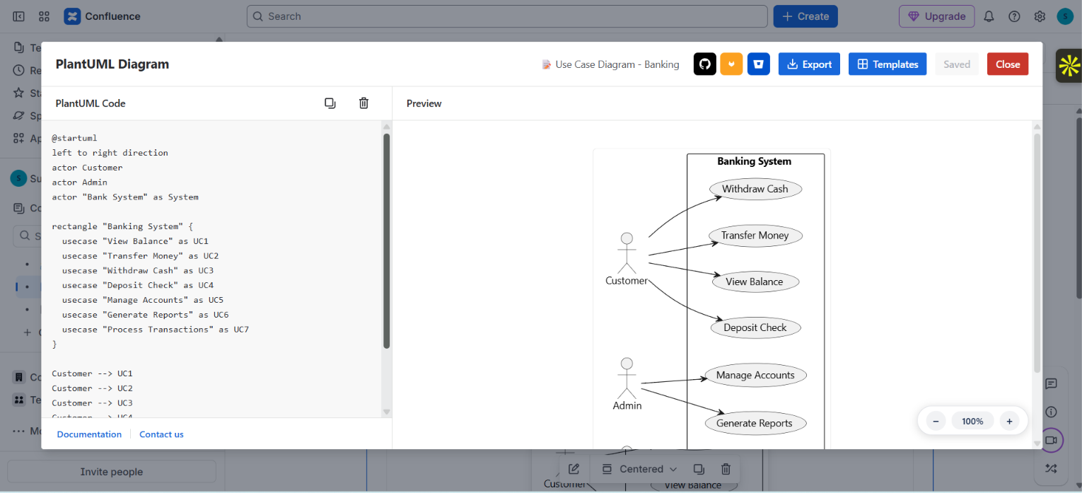 PlantUML for Confluence editor showing PlantUML code on the left and the rendered Use Case diagram preview on the right PlantUML for Confluence editor showing PlantUML code on the left and the rendered Use Case diagram preview on the right