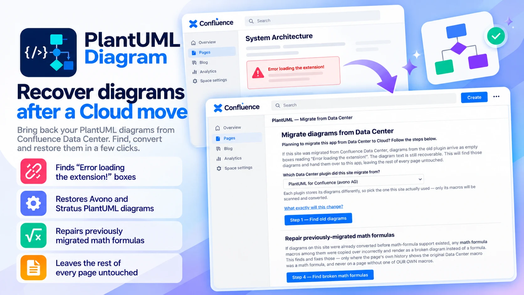 PlantUML Diagrams migration screen for diagrams from Confluence Data Center